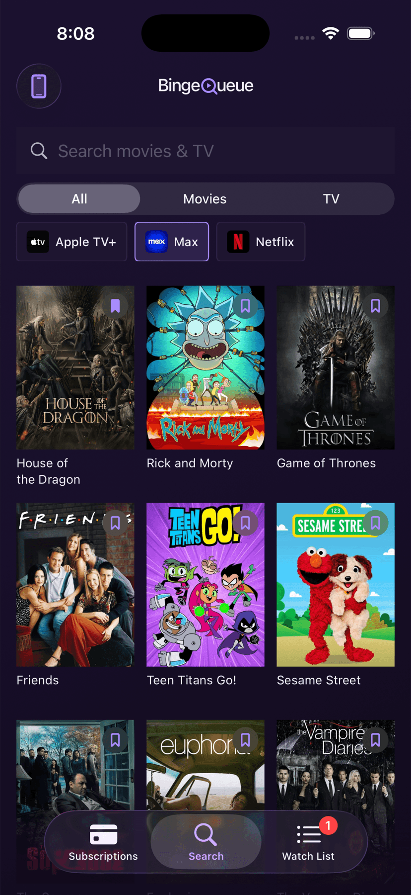 BingeQueue iOS search screen browsing titles by streaming provider