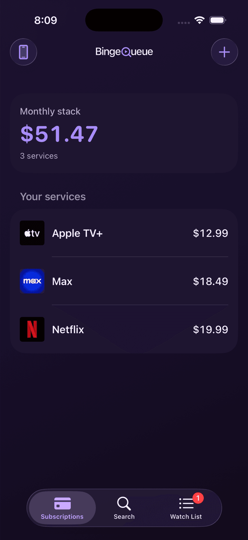 BingeQueue iOS subscriptions screen showing monthly stack total